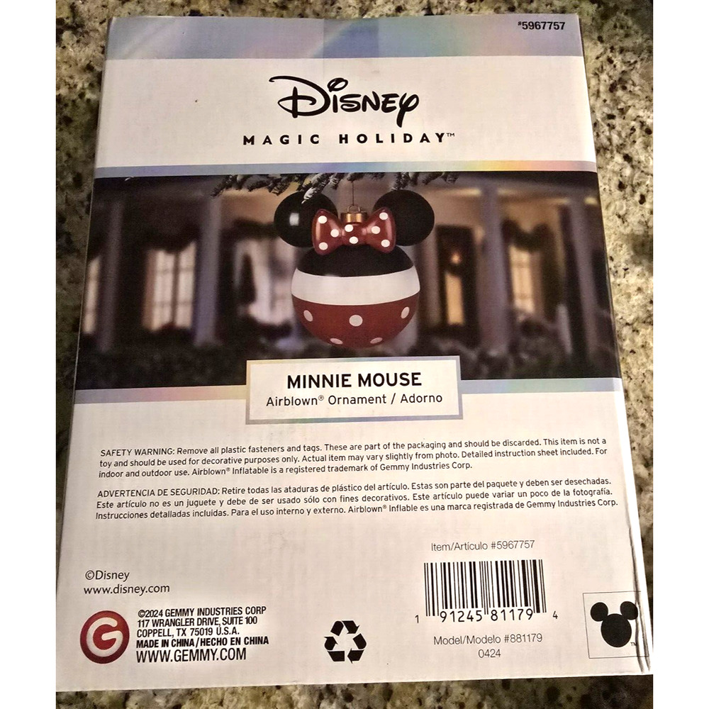 Minnie Mouse Christmas Air Blown Ornament Disney Magic 18" Large Airblown Red - Picture 3 of 8